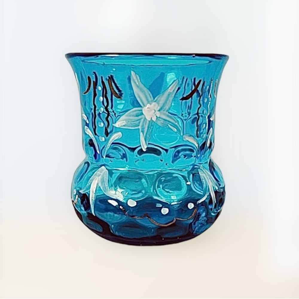 Circa 1905 Blue Handpainted Thumb-print Glass Toothpick Holder